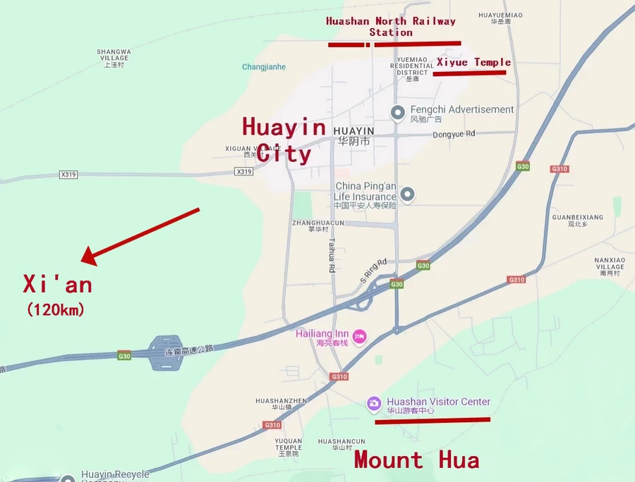 The Map of Huashan (  Visitor Centre, North Railway Station, Xiyue Temple and Mount Hua )