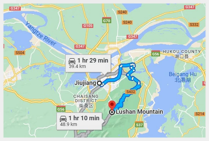 Jiujiang to Lushan Mountain Map