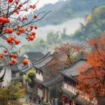 Bright red persimmons in Wuyuan in Autumn