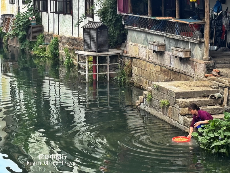 Locals washing vegetables by the riverside in Zhouzhuang