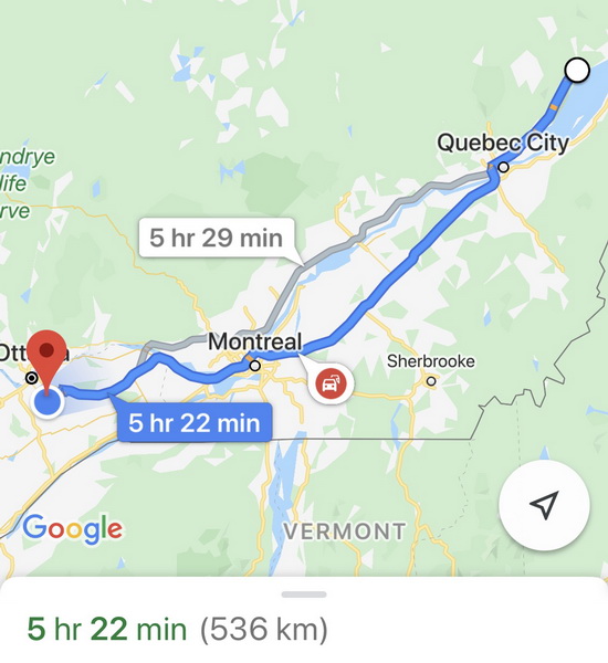 圣保罗湾 - 渥太华 536 公里（5个半小时）