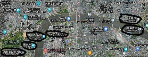 泰晤士河、滑铁卢（Waterloo）、伦敦眼、伦敦塔桥和伦敦塔