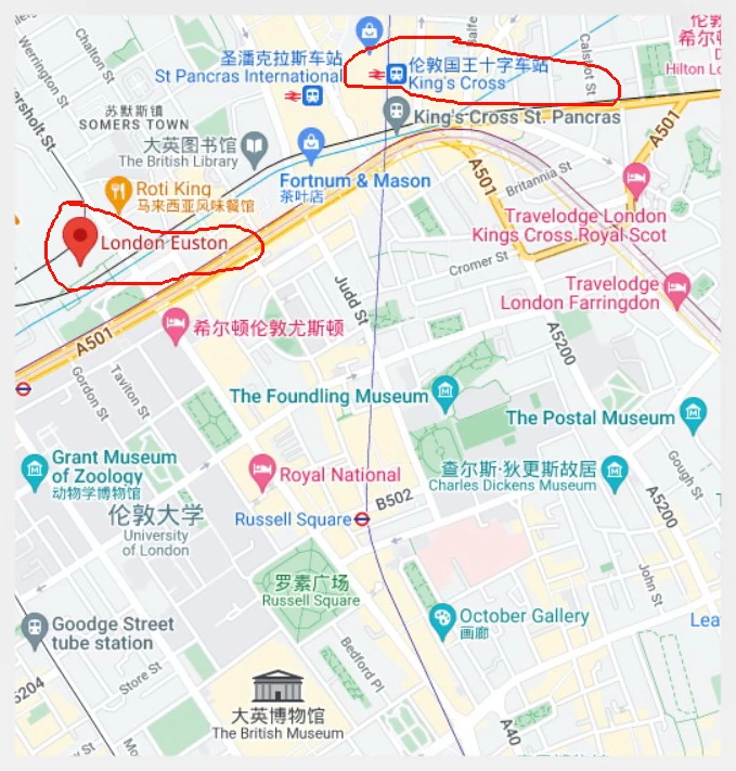 伦敦尤斯顿车站（London Euston）和伦敦国王十字车站（Kings Cross）