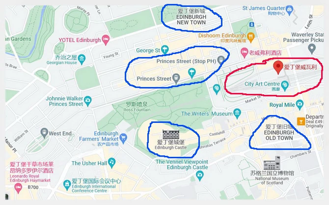 爱丁堡威瓦利（火车站）位置图（红圈内）Google