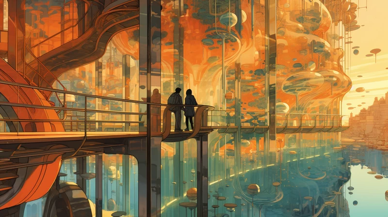 Concept art, anime style, created by Victo Ngai, cooling tower and park
