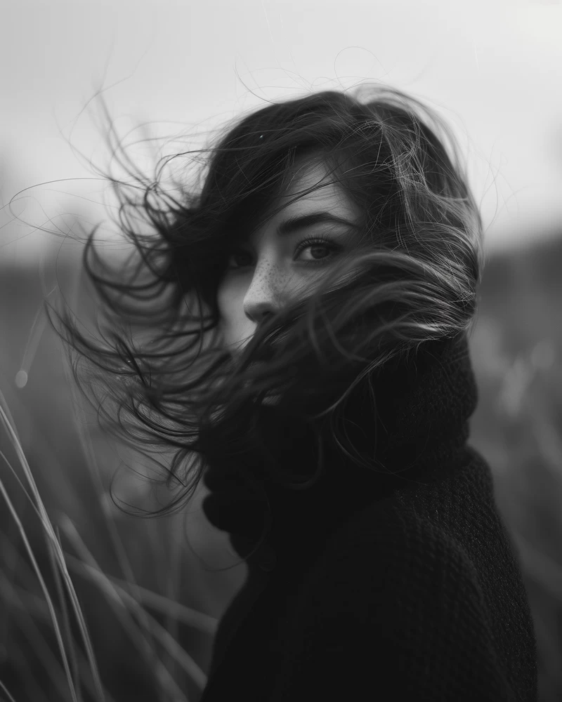 Midjourney: black and white photo of woman winding her hair