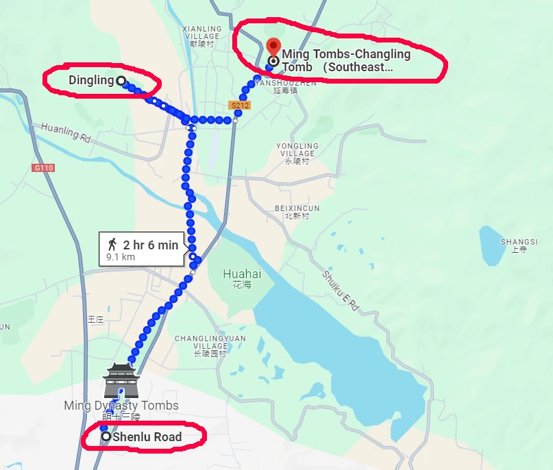 Sacred Way (Shenlu Road) - Dingling Tomb - Changling Tomb Route Map ( Google)