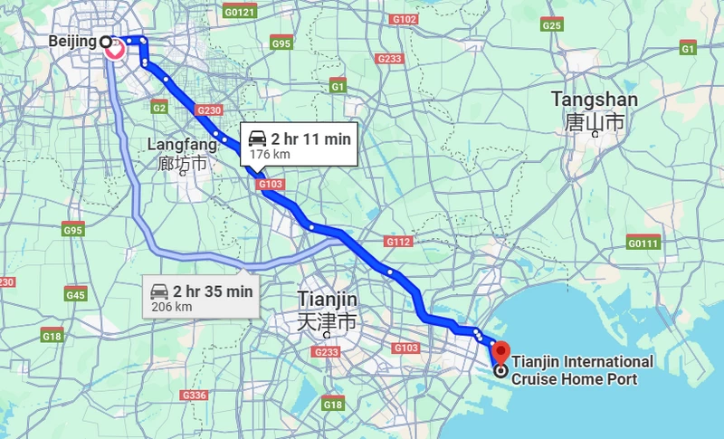 Beijing - Tianjin about 180km by road (Google Map)