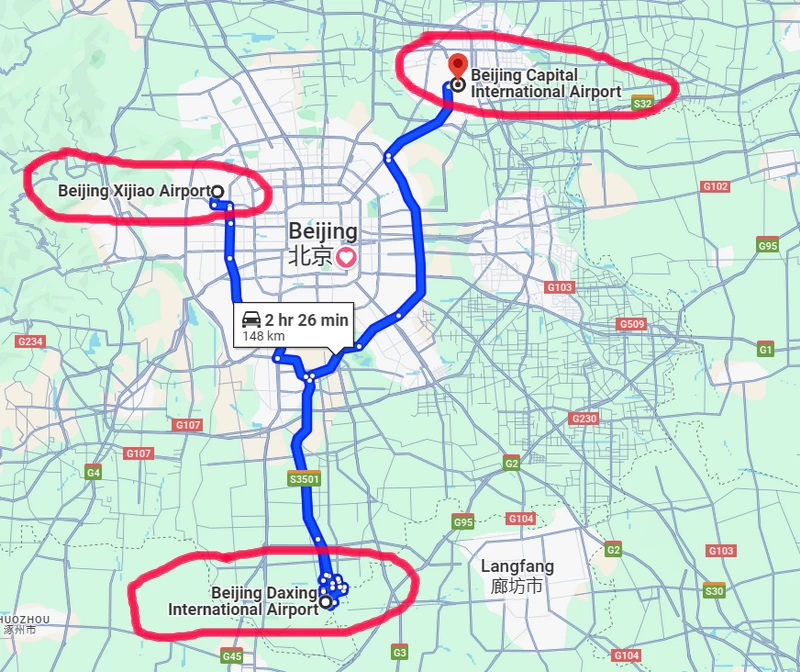 The location of the three airports in Beijing ( Google)
