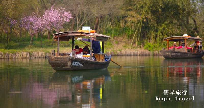 Visiting the Xixi National Wetland Park by boat