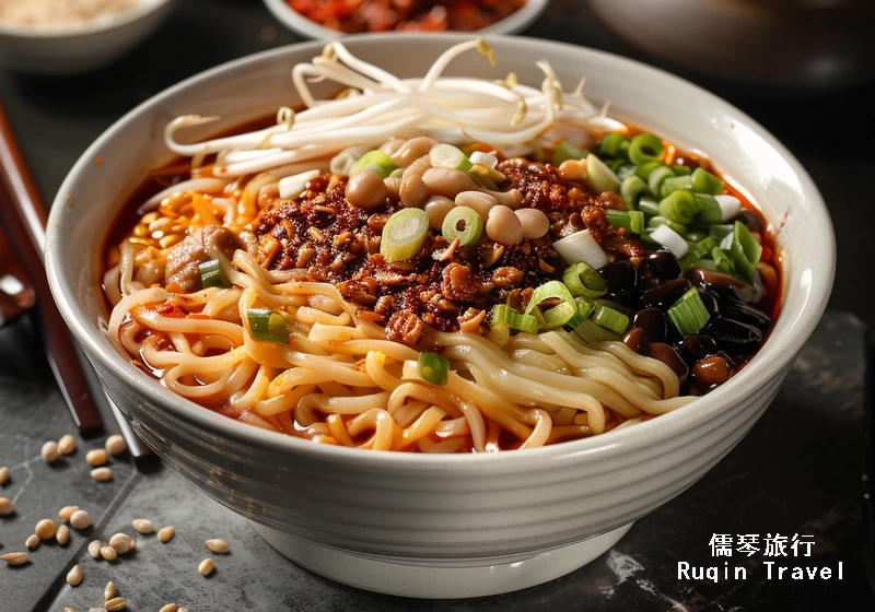Zhajiangmian, a noodle dish topped with a savory soybean paste.