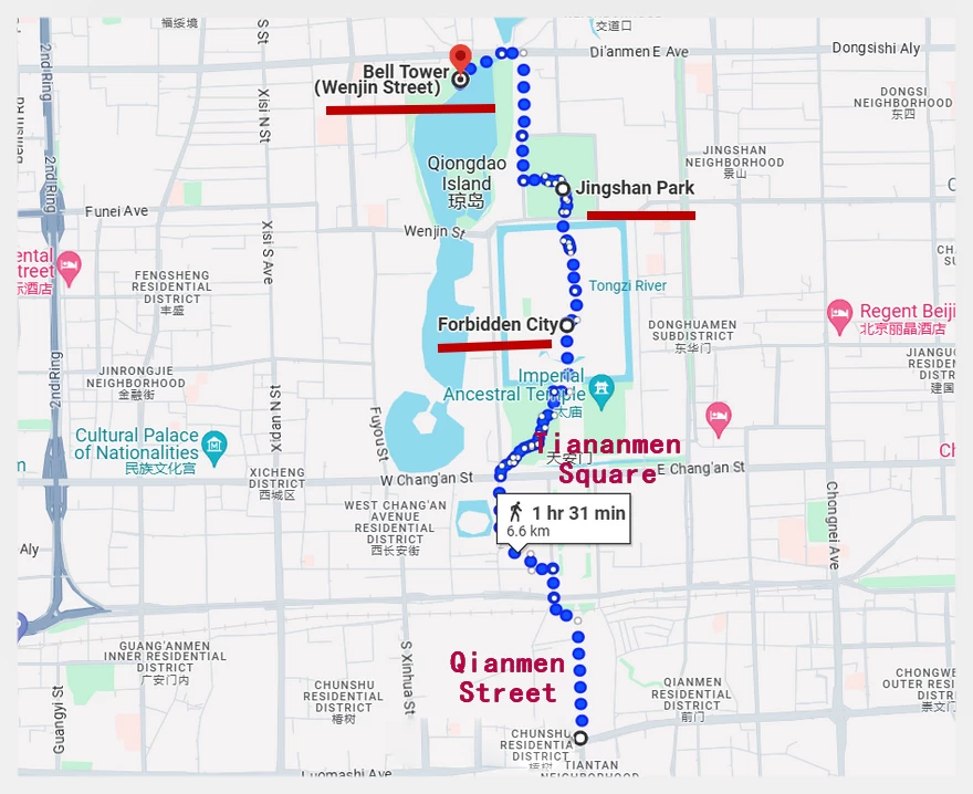 Beijing Central Axis Walking Day tour Route Map