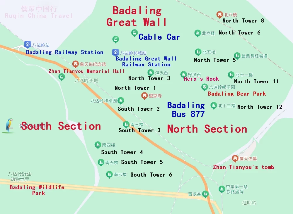 The tourist map of both south and north sections of the Badaling Great Wal