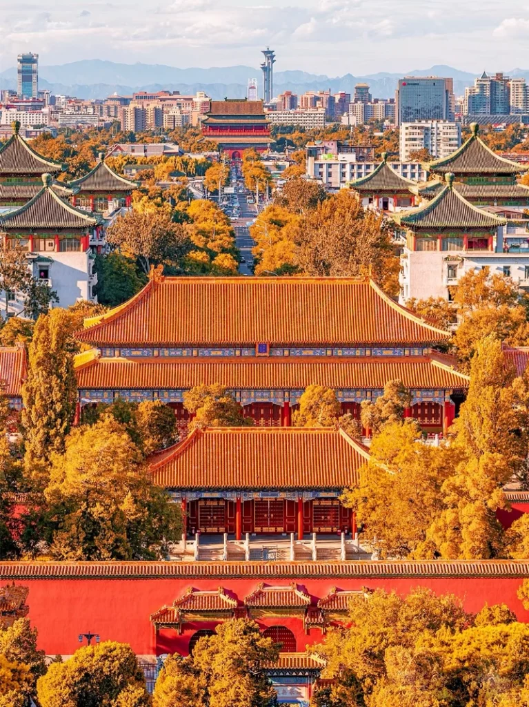 Beijing Central Axis in Fall Foliage viewed from the top of Jingshan Park