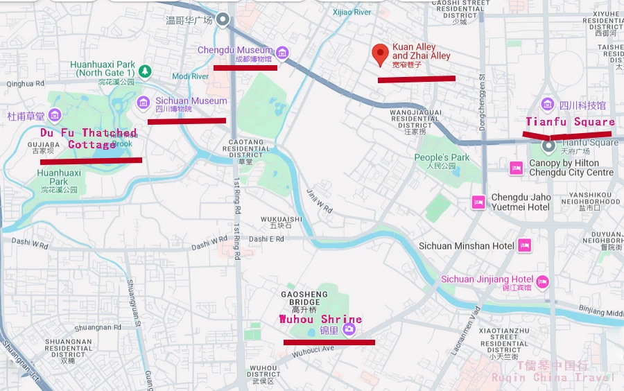 The Location Map of Major Attractions in Chengdu including Kuanzhai Ally