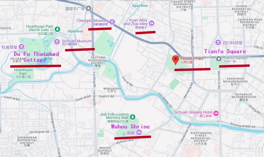 The location Map of the Major Attractions in Chengdu including People's Park (google)