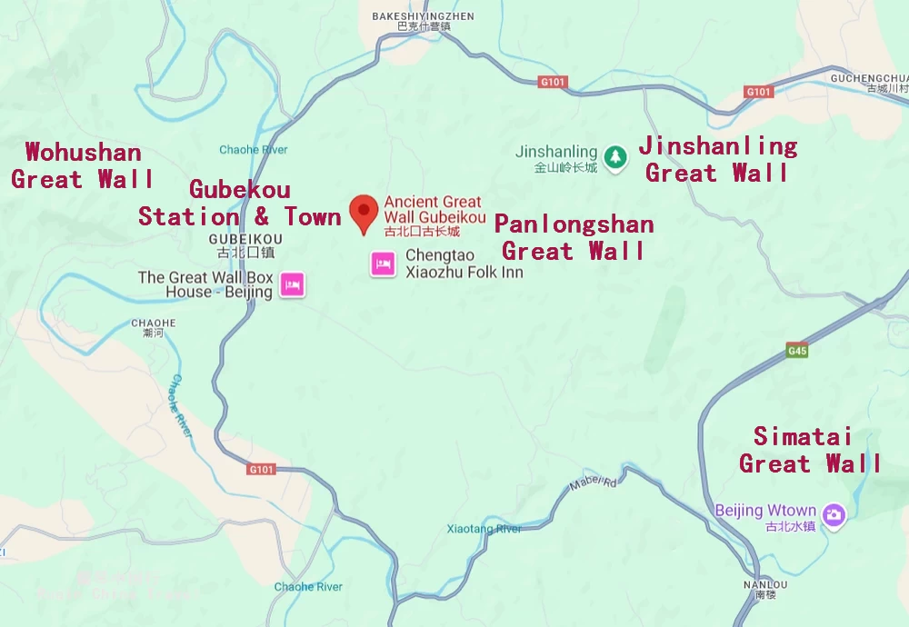 Location of Gubeikou Town (Station), Simatai and Jinshanling ( Google)