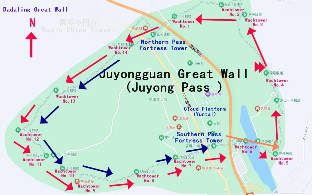 The Map of Hiking Trails at Juyongguan Great Wall  ( Juyong Pass）(Baidu Map）