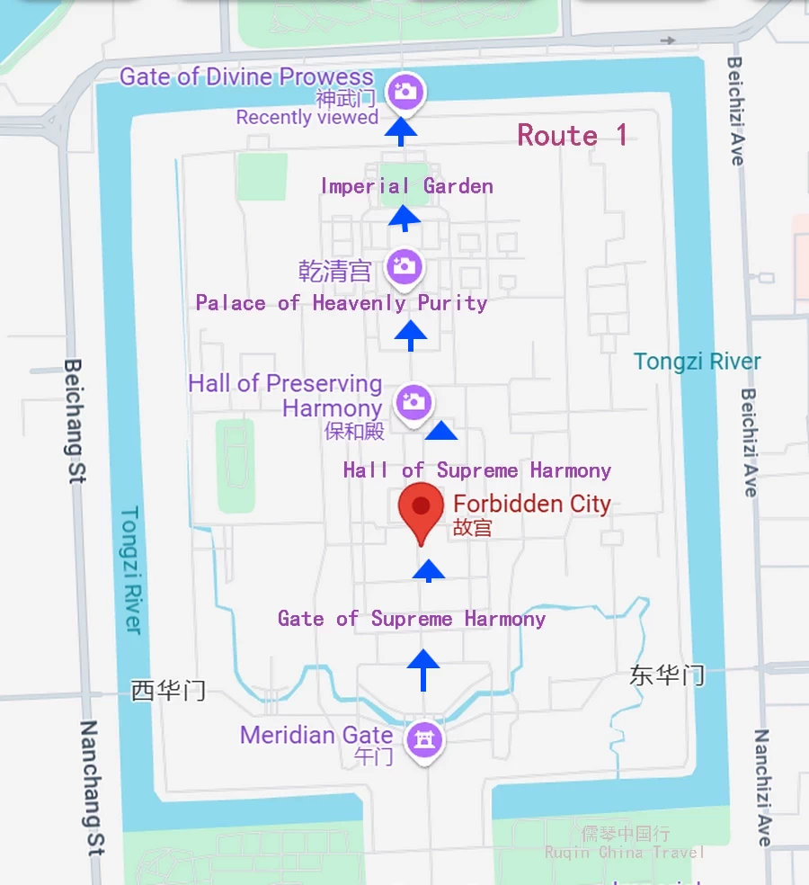 The Map of Forbidden City  Central Axis Travel Route(2 hours)