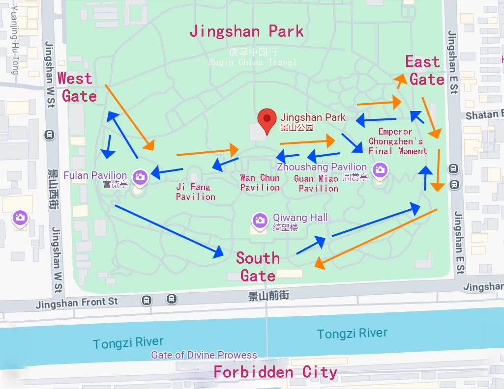 Two Hiking Routes: South Gate (Blue) and West Gate (Yellow) at Jingshan Park