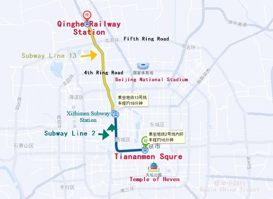 The location and subway map of Qinghe Railway Station (Credit: Baidu Map)