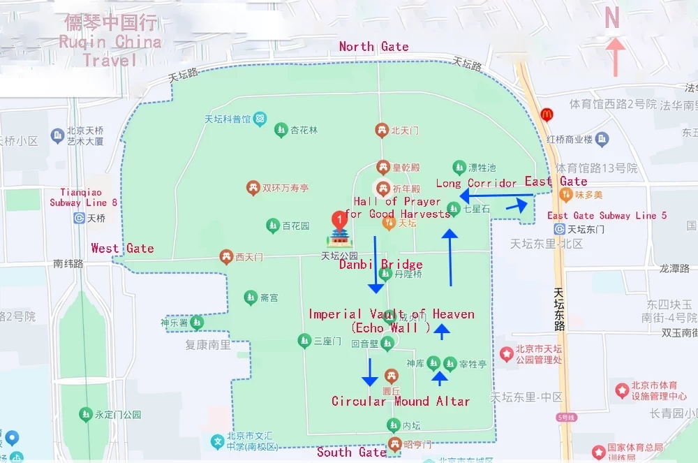 The Walking Route Map of the Temple of Heaven Park (Blue Arrows)