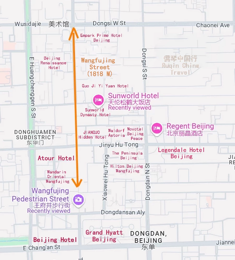 The location Map of the hotels in Wangfujing Area