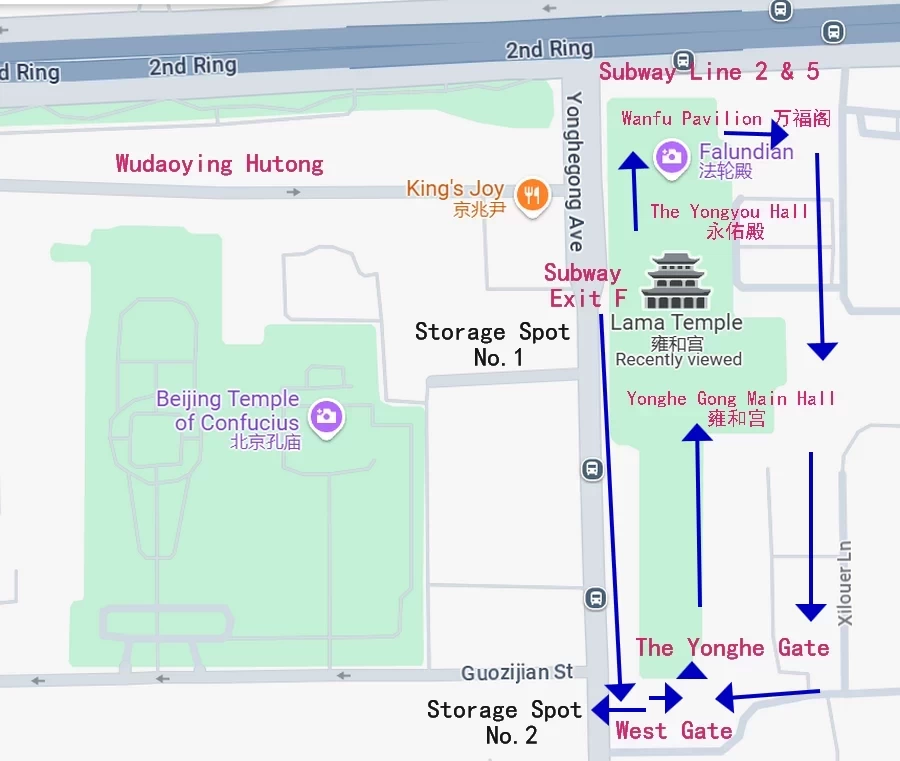 The location map of the two storage spots near Lama Temple