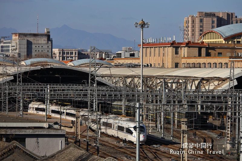 Overlook the Beijing Railway Station from the city wall top in the Ming Dynasty Wall Relics Park