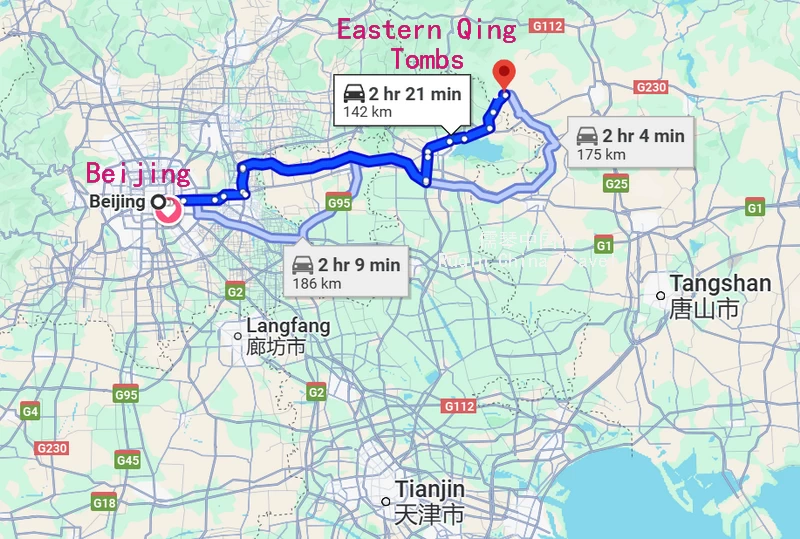 Beijing - Eastern Qing Tombs Travel Route Map (google)