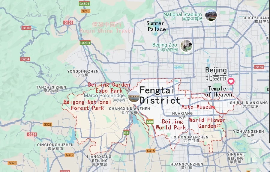 The Locationa Map of Fengtai District (within the red dots) Google Map