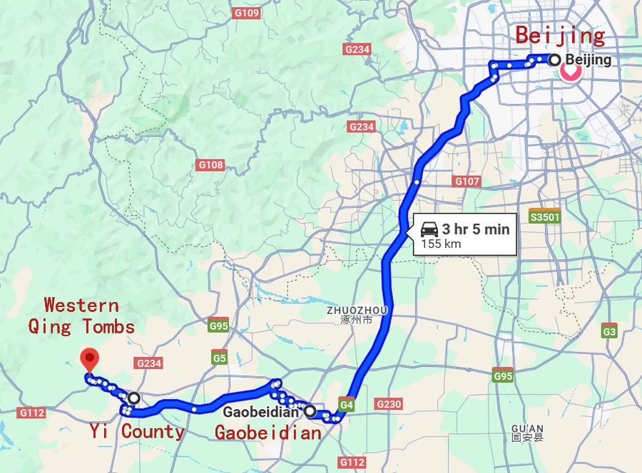 The Travel Route Map of Beijing to Western Qing Tombs