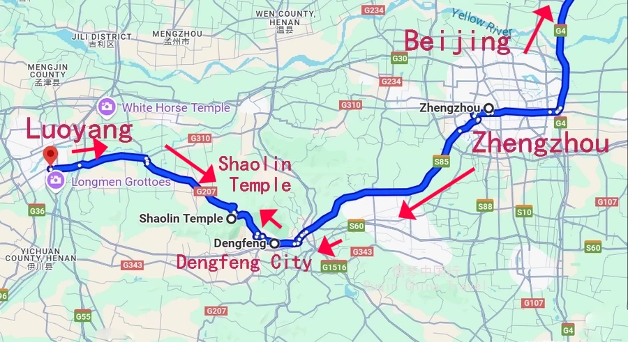 The Travel Route Map between Beijing and Shaolin Temple