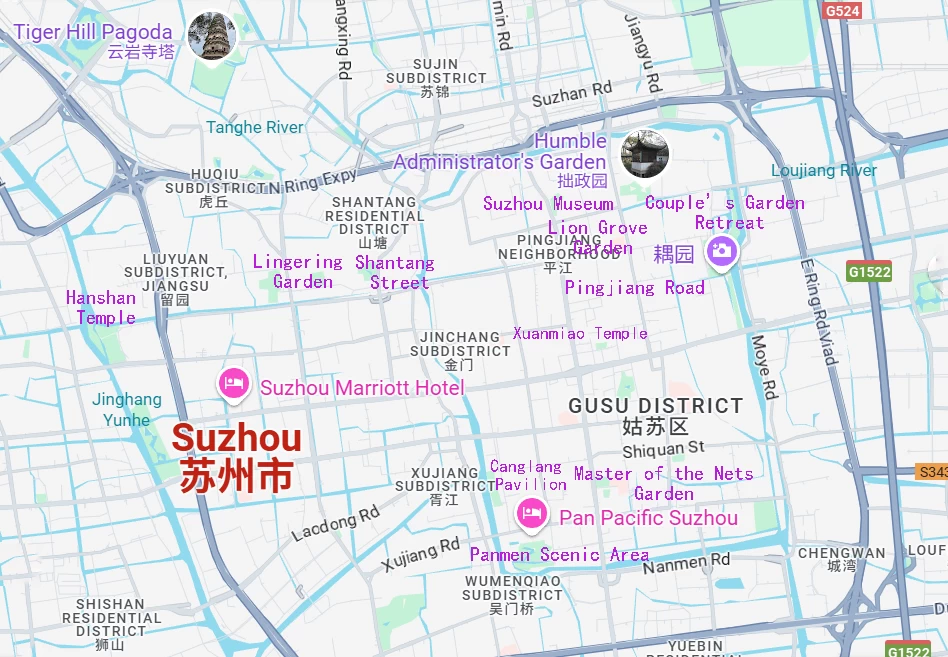 The Major Attraction Map of Suzhou ( Google)