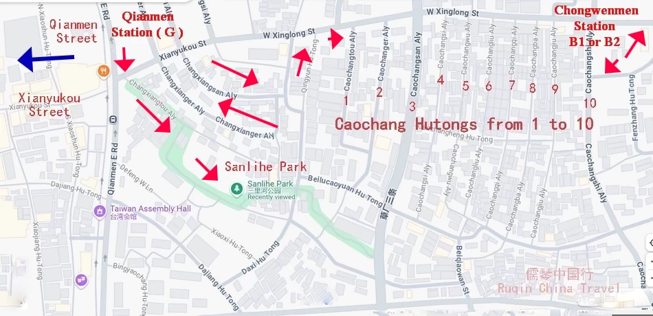 The layout map of the ten Caochang Hutongs