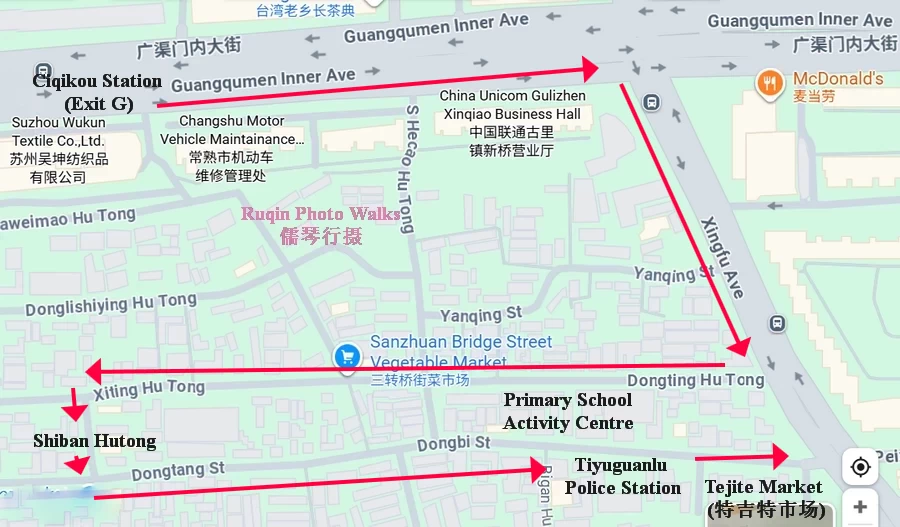 Dongting Hutong and Dongbi Street walking route map