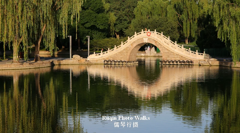 The moon bridge reflected in still water, with willows lightly touching the lake’s surface in Longtan Lake Park in Beijing