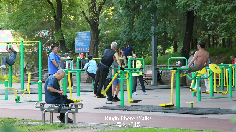 locals using outdoor fitness equipment in Longtan Lake Park
