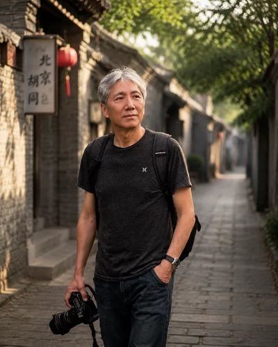 Ruqin walking through a quiet Beijing hutong during a soft light moment, sharing real travel experience in China