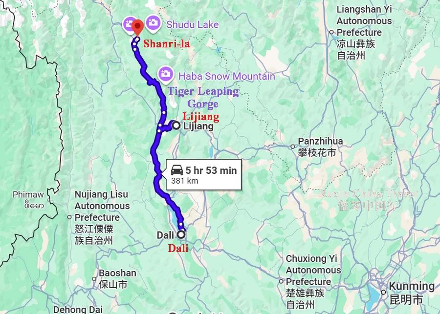 Road Map: Dali - Lijiang ( Tiger Leaping Gorge) - Shangri-la