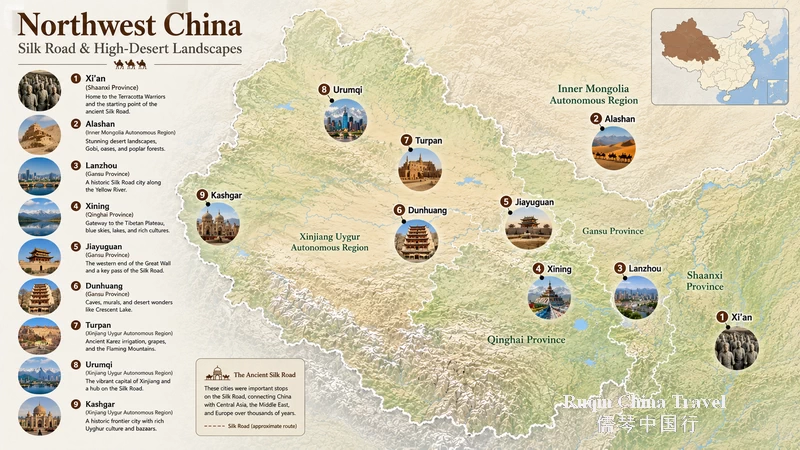 Northwest China Map — Silk Road & High-Desert Landscapes