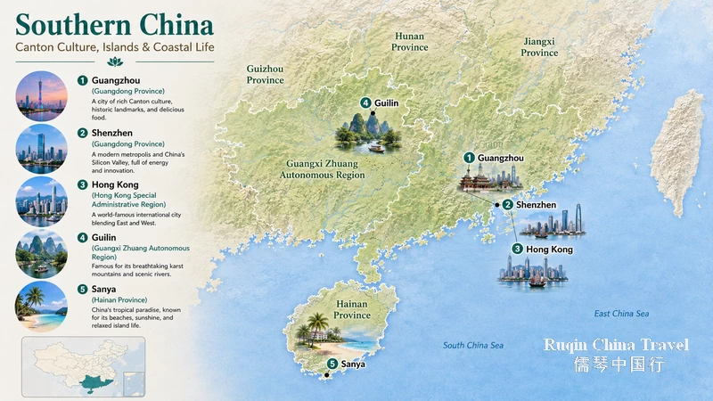 Southern China Map — Canton Culture, Islands & Coastal Life