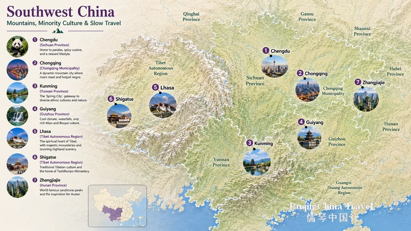 Southwest China Map — Mountains, Minority Culture & Slow Travel