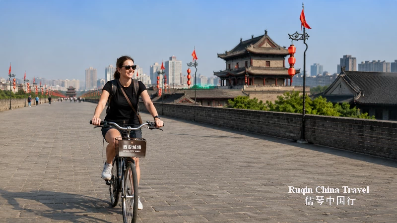 Biking on th ancient city wall in Xi'an
