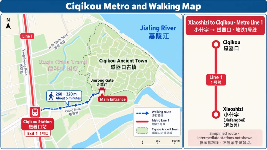 Ciqikou Ancient Town Metro and Walk Map