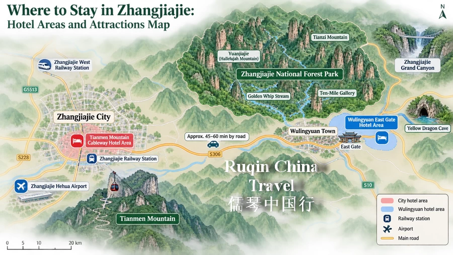 Where to Stay in Zhangjiajie: Hotel Areas and Attractions Map