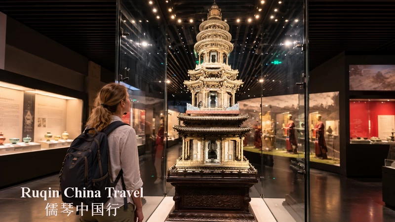 Qing Dynasty Copper Enamel Pagoda with Purple Sandalwood Base at Chengde Museum