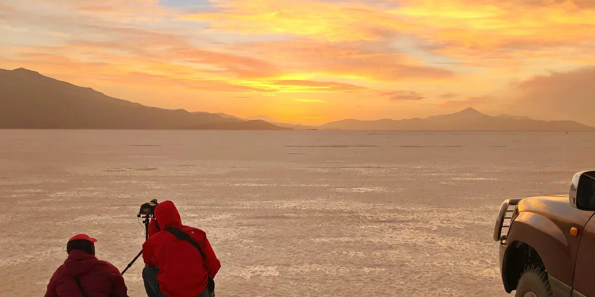 Sunset glow over Uyuni Salt Flat in Bolivia